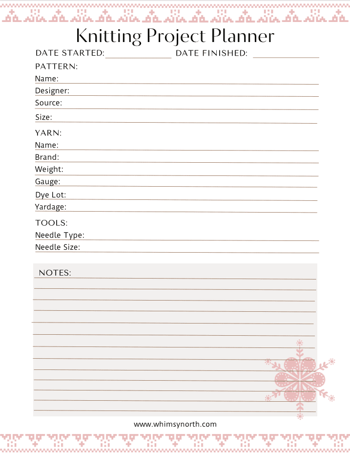 Knitting Project Planner PDF Printable Download